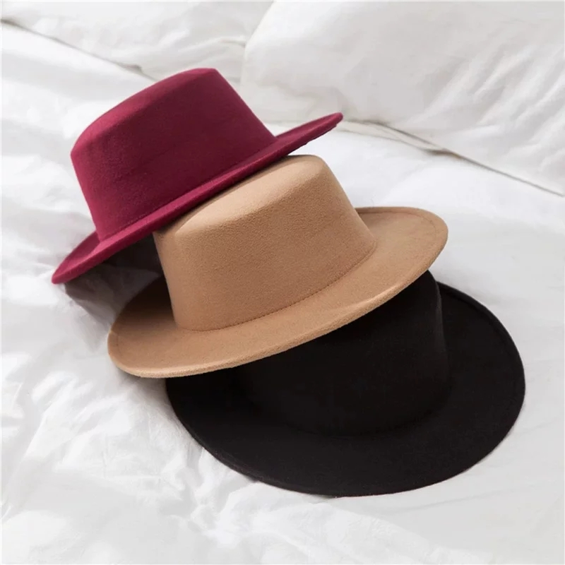 Wool Boater Flat Top Hat For Women's Felt Wide Brim