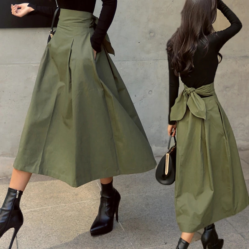 Skirts Womens Korean Fashion Solid Color Big Swing Ladies Skirt Long Skirt  Autumn Wild High Waist Bow Slim Skirts