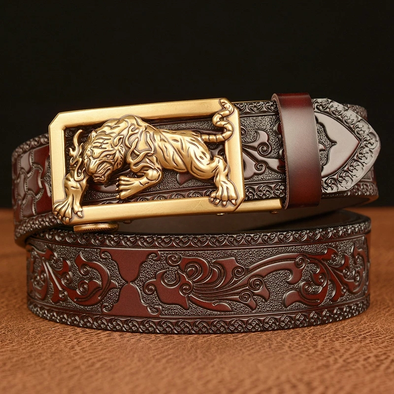Tigger Buckle with Tang Grass Pattern Leather Belt for Men Work of Art Belt Automatic Buckle Business Belt