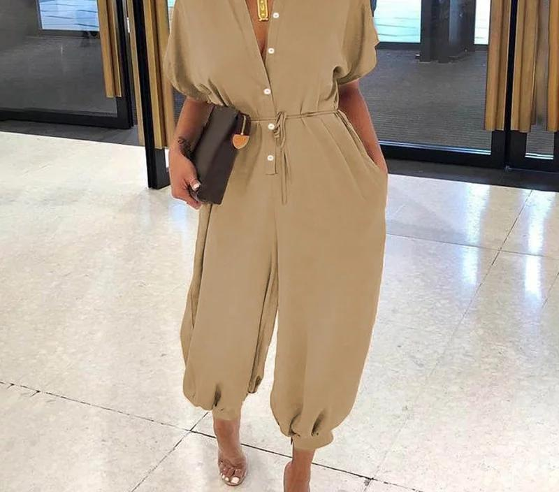 Sexy V-Neck Button Lace-Up Jumpsuit Summer Short Sleeve Loose Playsuit Overalls Women Elegant Leopard Print Pocket Rompers